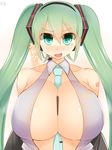  alternate_breast_size bare_shoulders between_breasts breasts cleavage dated facominn green_eyes green_hair hatsune_miku highres huge_breasts long_hair looking_at_viewer necktie necktie_between_breasts simple_background smile solo translated twintails vocaloid white_background 