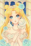  bishoujo_senshi_sailor_moon blonde_hair blue_eyes bracelet commentary_request crescent_moon double_bun dress facial_mark flower forehead_mark hair_flower hair_ornament jewelry jyan_borii long_hair moon necklace neo_queen_serenity pearl_bracelet pearl_necklace pillar sky smile solo sparkling_eyes star_(sky) starry_sky strapless strapless_dress tiara tsukino_usagi twintails wand white_dress 