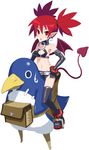 bat_wings bird black_gloves black_legwear black_skirt choker circle_echime demon_girl demon_tail disgaea earrings elbow_gloves etna fanny_pack gloves highres jewelry looking_at_viewer miniskirt penguin pointy_ears prinny red_eyes red_hair short_hair sitting sitting_on_person skirt skull_earrings slit_pupils spiked_hair sweatdrop tail thighhighs twintails white_background wings 