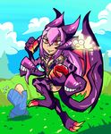 1girl absurdres claws dark_skin dragon_girl dragonfly extra_mouth full_body gem highres horns jabberwock_(monster_girl_encyclopedia) long_hair long_tongue monster_girl_encyclopedia setz spyro_the_dragon tail teeth tentacle tongue tongue_out wings 