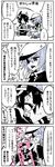  4koma black_gloves black_legwear blood blush breasts cape character_request chips closed_eyes comic eating eyepatch food fourth_wall gloves hat headgear heart heart_background highres kaga3chi kantai_collection kiso_(kantai_collection) large_breasts long_hair monochrome multiple_girls necktie nosebleed open_mouth partly_fingerless_gloves potato_chips remodel_(kantai_collection) scissors seiza short_hair short_shorts shorts sitting skirt sparkle spot_color table tenryuu_(kantai_collection) thighhighs translated 