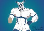  2017 abs anthro areola biceps big_biceps bludermaus canine colored crux cup digital_drawing_(artwork) digital_media_(artwork) eyewear front_view fur glasses hair hand_on_hip hybrid hyper_muscular hyper_muscules lips looking_at_viewer male mammal manly muscular muscular_male navel nipples nude pecs signature smile snout solo standing stripes white_fur wolf 
