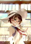 blue_eyes bow brown_hair flower fucheng_girls glasses hair_flower hair_ornament hat hat_bow lace_trim long_hair looking_at_viewer neckerchief parted_lips red-framed_eyewear revision sailor_collar say_hana side_ponytail sleeveless solo sun_hat upper_body window xiaoman_(fucheng_girls) 
