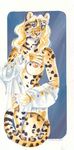  anthro blonde_hair blue_eyes breasts clothed clothing clouded_leopard feline female hair heather_bruton mammal nipples skimpy solo 