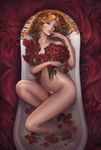  absurdres arched_back bath bathing bathtub blonde_hair blue_eyes collarbone finger_to_mouth flower from_above highres jagercoke lips long_hair long_legs looking_at_viewer navel nude partially_submerged rose slipper_bathtub solo 
