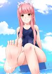  :d arm_behind_back bangs barefoot blue_swimsuit blush breasts cloud collarbone covered_navel covered_nipples day eyebrows_visible_through_hair fate/grand_order fate_(series) feet foreshortening grin highres impossible_clothes impossible_swimsuit legs_together lens_flare long_hair looking_at_viewer medb_(fate)_(all) medb_(fate/grand_order) medium_breasts morokoshi_(tekku) one-piece_swimsuit open_mouth outdoors pink_hair poolside pov_feet school_swimsuit sidelocks skin_tight sky smile soaking_feet soles solo swimsuit tiara toes water wet yellow_eyes 