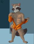  anthro athletic barefoot bulge carpemortem_(artist) clothing front_view guardians_of_the_galaxy looking_at_viewer male mammal marvel nipples pecs penis_outline pinup pose raccoon rocket_raccoon signature solo spread_legs spreading standing undressing 