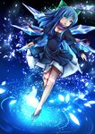  :d black_background blue_eyes blue_hair blush bow breasts cirno commentary_request dress hair_bow high_heels highres ice ice_wings kirimori_toya long_hair looking_at_viewer medium_breasts older open_mouth scarf smile solo touhou v-shaped_eyebrows wings 