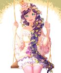  braid breasts crown dress flower green_eyes hair_flower hair_ornament hair_over_shoulder hair_vines head_tilt hoshisakura_(starblossom) large_breasts long_hair looking_at_viewer love_live! love_live!_school_idol_project mini_crown pink_legwear purple_hair short_dress single_braid solo strapless strapless_dress swing thighhighs toujou_nozomi very_long_hair 