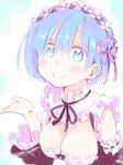  blue_eyes blue_hair blush breasts detached_sleeves dress hair_ornament hair_over_one_eye hair_ribbon headdress looking_at_viewer maid medium_breasts nekokun re:zero_kara_hajimeru_isekai_seikatsu rem_(re:zero) ribbon short_hair smile solo x_hair_ornament 