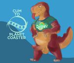  balls carpemortem_(artist) clothing dinosaur gulpee_rex_(planet_coaster) invalid_tag male mascot penis planet_coaster reptile scalie shirt slightly_chubby smile solo theropod tongue tongue_out 