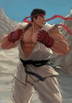  belt black_hair blue_sky dainyuu_(dgls) day dougi fingerless_gloves gloves hachimaki headband highres looking_to_the_side male_focus manly muscle parted_lips pectorals red_gloves ryuu_(street_fighter) sky solo street_fighter thick_eyebrows torn_clothes 