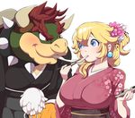  1girl bad_id bad_pixiv_id bangs blonde_hair blue_eyes blush bowser breasts chopsticks collar commentary_request earrings eye_contact eyelashes fingernails floral_print flower food hair_between_eyes hair_flower hair_ornament hakama haori holding holding_chopsticks holding_plate horn horns japanese_clothes jewelry kimono large_breasts looking_at_another mario_(series) mohawk monster nail_polish new_year obi pink_kimono pink_nails plate princess_peach red_hair sash sharing_food side_ponytail simple_background slurping smile spiked_collar spiked_hair spikes super_mario_bros. sushi sweatdrop thick_eyebrows tied_hair upper_body white_background yukata zabumaku 