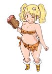  animal_print blonde_hair blush_stickers boned_meat boots breasts caveman cleavage food fur-trimmed_boots fur_trim horns inkerton-kun large_breasts loincloth meat midriff nitroplus orange_hair plump short_twintails smile solo super_pochaco torn_clothes twintails 
