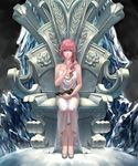  absurdres animal bird blue_eyes breasts cleavage closed_mouth downscaled dress final_fantasy final_fantasy_xiii finger_to_mouth full_body highres lightning_farron long_hair looking_at_viewer md5_mismatch medium_breasts pink_hair relear resized shoes sitting sleeveless sleeveless_dress spaghetti_strap throne white_dress white_footwear 