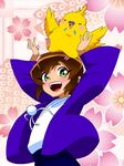  arms_up bird brown_hair cherry_blossoms chinese_zodiac green_eyes hanten_(clothes) highres imori_(water_imori) japanese_clothes looking_at_viewer male_focus nengajou new_year peralino smile time_bokan_(series) time_bokan_24 tokio_(time_bokan) year_of_the_rooster 