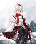  animal_ears black_legwear chestnut_mouth commentary_request detached_sleeves hat inubashiri_momiji outdoors pom_pom_(clothes) red_eyes red_scarf rock scarf sitting skirt snow snowing solo tail thighhighs tokin_hat touhou white_hair wolf_ears wolf_tail yukitourou 