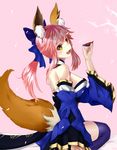 animal_ears caster_(fate/extra) convoyke fate/grand_order japanese_clothes kitsune open_shirt sake tail thighhighs 