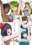  5girls 6koma :d ;d ace_trainer_(pokemon) armpit_peek armpits arms_up breasts dark_skin large_breasts looking_at_viewer lychee_(pokemon) mao_(pokemon) multiple_girls npc_trainer one_eye_closed open_mouth pokemon pokemon_(game) pokemon_sm rotom saliva sideboob sightseer_(pokemon) simple_background smile text translation_request white_background 