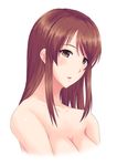  blush breasts brown_eyes brown_hair cleavage collarbone face idolmaster idolmaster_cinderella_girls long_hair looking_at_viewer medium_breasts mifune_miyu simple_background solo toyatokage upper_body white_background 