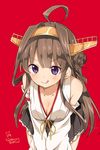  :p ahoge bare_shoulders blush breasts brown_hair cleavage collarbone dated detached_sleeves double_bun hairband headgear japanese_clothes kantai_collection kongou_(kantai_collection) large_breasts leaning_forward long_hair looking_at_viewer nontraditional_miko open_mouth purple_eyes ragho_no_erika red_background smile solo standing tongue tongue_out v-shaped_eyebrows v_arms 