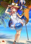  absurdres animal_ears bracelet breasts day ears_through_headwear fate/grand_order fate_(series) fox_ears fox_tail hat highres jewelry large_breasts long_hair looking_at_viewer nature ocean official_art parasol pink_hair resized sandals shading_eyes smile solo straw_hat sun_hat tail tamamo_(fate)_(all) tamamo_no_mae_(fate) tamamo_no_mae_(swimsuit_lancer)_(fate) umbrella upscaled wada_aruko waifu2x yellow_eyes 