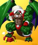  2016 abs anthro biceps bulge christmas claws clothing costume dragon gift green_skin hat holidays horn hyper hyper_muscles kuroma lizard looking_at_viewer male muscular pecs quads reptile santa_costume santa_hat scalie small_head smile solo speedo spikes swimsuit triceps vald_(kuroma) vest wide_hips wings 