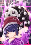  barefoot black_skirt blob blue_eyes blue_hair cow_tail doremy_sweet dream_soul eyebrows_visible_through_hair full_body grid hat highres looking_at_viewer lying mimoto_(aszxdfcv) nightcap one_eye_closed pom_pom_(clothes) red_hat shirt short_sleeves skirt smile solo tail touhou white_shirt 