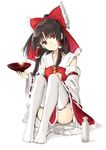  bottle bow brown_eyes brown_hair collarbone cup detached_sleeves eyebrows_visible_through_hair feet_together frilled_bow frilled_hair_tubes frilled_shirt_collar frills full_body hair_bow hair_tubes hakurei_reimu hands_up head_tilt holding holding_cup looking_at_viewer no_shoes red_bow red_ribbon ribbon ribbon-trimmed_legwear ribbon-trimmed_sleeves ribbon_trim sakazuki simple_background sitting smile solo takemori_shintarou thighhighs touhou white_background white_legwear wide_sleeves 