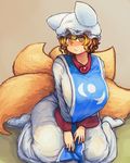  blonde_hair breasts bright_pupils chanta_(ayatakaoisii) extra_ears eyebrows_visible_through_hair fox_tail hands_on_own_thighs hat highres huge_breasts long_sleeves looking_at_viewer multiple_tails pillow_hat sitting slit_pupils socks solo sweatdrop tail tassel touhou wariza wide_sleeves yakumo_ran yellow_eyes 