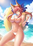 animal_ears bikini caster_(fate/extra) fate/grand_order kitsune nekosama_shugyouchuu nipples swimsuits tail topless 