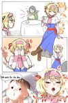  &gt;_&lt; 2girls ^_^ alice_margatroid arms_behind_back baby blonde_hair blue_eyes bow capelet closed_eyes comic commentary covering_eyes crossed_legs crying cup d: dragonforce dress dx emphasis_lines english faceless faceless_female flying_sweatdrops hair_bow hair_ribbon hairband highres holding holding_cup kuranosuke lolita_hairband multiple_girls open_mouth ribbon saliva saliva_trail short_hair sitting smile touhou translated what 