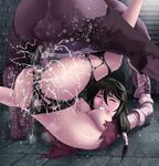  1girl black_hair blush breasts censored clenched_teeth eyes_closed large_breasts long_hair pussy_juice rape spread_legs squirting tales_of_(series) tales_of_berseria tears thor_(deep_rising) torn_clothes velvet_crowe 
