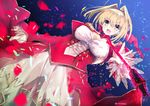  :d blonde_hair breasts cleavage epaulettes fate/extra fate_(series) green_eyes large_breasts looking_at_viewer nero_claudius_(fate) nero_claudius_(fate)_(all) noto_kurumi open_mouth petals see-through smile solo twitter_username 