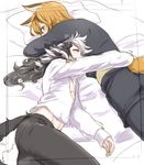  animal_ears ass bed_sheet blush brown_eyes brown_hair closed_eyes european_clothes eyelashes fire_emblem fire_emblem_if flannel_(fire_emblem_if) fox_ears hallco japanese_clothes long_hair looking_back lying male_focus multicolored_hair multiple_boys nishiki_(fire_emblem_if) on_bed on_stomach pillow sleeping tail two-tone_hair wolf_boy wolf_ears wolf_tail 