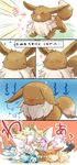  &gt;_&lt; absurdres asyuaffw bunny closed_eyes comic commentary_request depressed dogpile eevee espeon flareon gen_1_pokemon gen_2_pokemon gen_4_pokemon gen_6_pokemon glaceon highres jolteon leafeon no_humans open_mouth pokemon pokemon_(creature) sylveon translation_request umbreon vaporeon 
