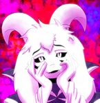  2017 abstract_background absurd_res anthro asriel_dreemurr bedroom_eyes black_sclera boss_monster caprine clothed clothing digital_media_(artwork) fangs fur goat god_of_hyperdeath half-closed_eyes hand_on_head hi_res horn long_ears looking_at_viewer male mammal naughty_face open_mouth parody seductive smile solo tuft undertale video_games white_fur wycicus yandere 
