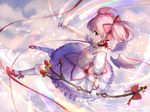  absurdres arm_garter bow buttons choker cloud cloudy_sky collarbone detached_wings feathered_wings flower frilled_legwear frilled_skirt frills from_side full_body gloves hair_bow highres kaname_madoka light_particles looking_at_viewer mahou_shoujo_madoka_magica open_mouth pink_eyes pink_hair puffy_short_sleeves puffy_sleeves red_bow red_flower red_footwear red_ribbon ribbon shoes short_sleeves sishenfan skirt sky smile solo twintails two_side_up wand white_gloves white_legwear white_wings wings 