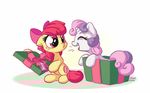  2016 2017 apple_bloom_(mlp) bobdude0 cub cutie_mark dilarus duo earth_pony equine eyes_closed female feral freckles friendship_is_magic gift hair hair_bow hair_ribbon horn horse mammal multicolored_hair my_little_pony open_mouth pink_hair pony purple_hair red_hair ribbons simple_background sweetie_belle_(mlp) two_tone_hair unicorn white_background young 