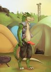  anthro barefoot beer_can camping clothing digitigrade dragon erection khakis lizardlars male open_pants outside penis scalie solo spitey tapering_penis tent vest 