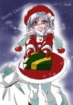  2016 :d blue_eyes blush box burn_scar christmas dated dorei_to_no_seikatsu_~teaching_feeling~ gift gift_box grey_hair hat highres incoming_gift long_hair looking_at_viewer merry_christmas mittens nose_blush open_mouth pantyhose pom_pom_(clothes) sack scar scarf smile snowflakes solo sylvie_(dorei_to_no_seikatsu) tom-brown white_legwear white_scarf 