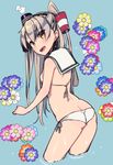  alternate_costume amatsukaze_(kantai_collection) arms_at_sides ass bikini blue_background butt_crack cosplay flat_ass floral_background from_behind hairband head_tilt kantai_collection leaning_forward long_hair looking_at_viewer lowleg lowleg_bikini midriff open_mouth ripples sailor_bikini sailor_collar side-tie_bikini silver_hair smokestack solo swimsuit tahya thighs two_side_up white_bikini yellow_eyes z3_max_schultz_(kantai_collection) z3_max_schultz_(kantai_collection)_(cosplay) 