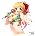  bikini_top blonde_hair blue_eyes blush breasts cleavage commentary highres idolmaster idolmaster_cinderella_girls large_breasts long_hair looking_at_viewer microphone navel ootsuki_yui open_mouth outstretched_arm ponytail rheez smile solo 