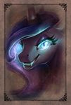  2017 begasuslu black_fur blue_eyes cosmic_hair equine fangs female feral friendship_is_magic fur glowing glowing_eyes grin hair horn looking_at_viewer mammal my_little_pony nightmare_moon_(mlp) portrait purple_hair slit_pupils solo unicorn 