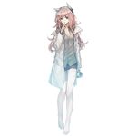  animal_ears bags_under_eyes barefoot black_skirt bow breasts cleavage cleavage_cutout cup eyebrows eyebrows_visible_through_hair feet full_body girls_frontline green_shirt hair_between_eyes hair_bow head_tilt holding holding_cup hologram labcoat long_hair looking_at_viewer medium_breasts off_shoulder official_art open_mouth persica_(girls_frontline) pink_hair red_eyes scientist shirt skirt solo standing transparent_background unbuttoned unbuttoned_shirt 