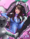  acronym animal_ears arm_cannon bangs blue_bodysuit bodysuit boots bracer breasts brown_eyes brown_hair bubble_blowing bunny_ears candy character_name charm_(object) chewing_gum covered_navel crossed_legs d.va_(overwatch) eyelashes facepaint facial_mark fake_animal_ears food gatling_gun gloves gun hand_up headphones legs_together lollipop long_hair long_sleeves mecha medium_breasts meka_(overwatch) oct_gozali overwatch pauldrons pilot_suit ribbed_bodysuit shoulder_pads sitting skin_tight smile solo thigh_boots thigh_strap thighhighs turtleneck weapon whisker_markings white_footwear white_gloves 