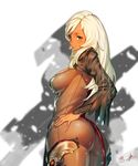  ass blade_&amp;_soul blonde_hair brown_eyes butt_crack dark_skin fishnets hand_on_hip light_smile long_hair signature smile solo suerte thick_thighs thighs unmoving_pattern 