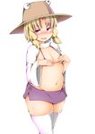  angry belly blonde_hair blush breasts covering covering_breasts cowboy_shot d: groin hat highres jitome long_sleeves looking_at_viewer medium_breasts medium_hair micro_bra microskirt moriya_suwako navel open_mouth plump purple_eyes shishi_juuroku shrug_(clothing) sideways_glance simple_background skirt solo standing thick_thighs thighhighs thighs touhou v-shaped_eyebrows white_background white_legwear wide_sleeves 