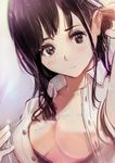  absurdres black_eyes black_hair blush breasts chromatic_aberration cleavage close-up collarbone collared_shirt dress_shirt hair_tucking highres long_hair looking_at_viewer medium_breasts naked_shirt okuto original shirt solo suggestive_fluid unbuttoned unbuttoned_shirt upper_body white_shirt 