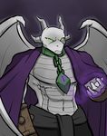  abs angry belt claws clothed clothing collar dragon entrogos glowing glowing_eyes green_eyes hayakain horn lock magic magic_user male muscular robes sash scowl solo topless villainous wings 
